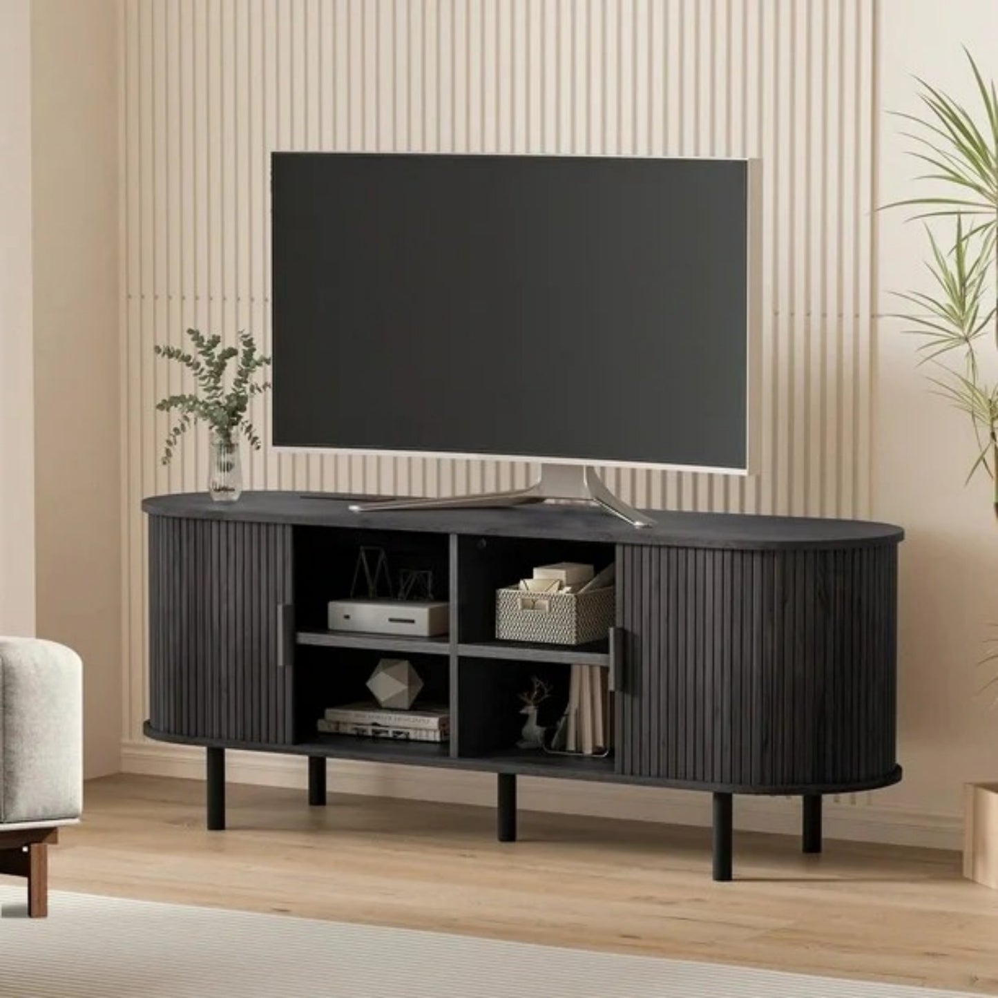 Sideboard Buffet Cabinet 55" Storage Cabinet with 2 Sliding Tambour Doors, Adjustable Shelves for Kitchen Office Bedroom Hallway Entryway, Black