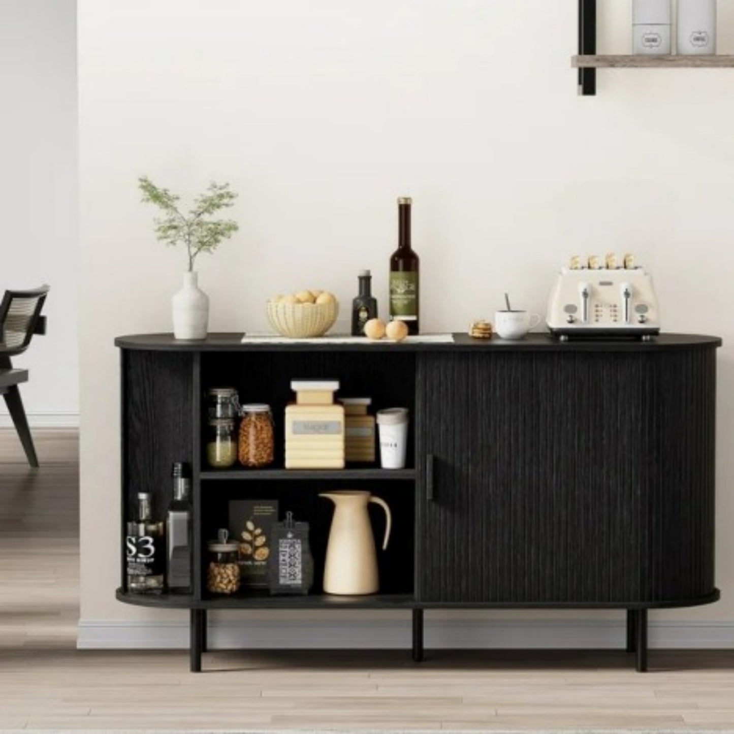 Sideboard Buffet Cabinet 55" Storage Cabinet with 2 Sliding Tambour Doors, Adjustable Shelves for Kitchen Office Bedroom Hallway Entryway, Black