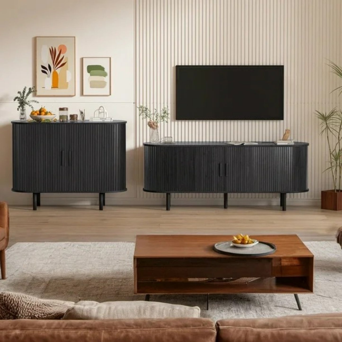 Sideboard Buffet Cabinet 55" Storage Cabinet with 2 Sliding Tambour Doors, Adjustable Shelves for Kitchen Office Bedroom Hallway Entryway, Black