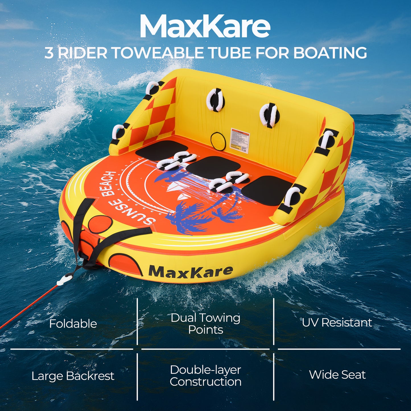 Towable Tube for Boating & Watersports, 79'' *73'' *36'', 600 Lb Capacity, Yellow