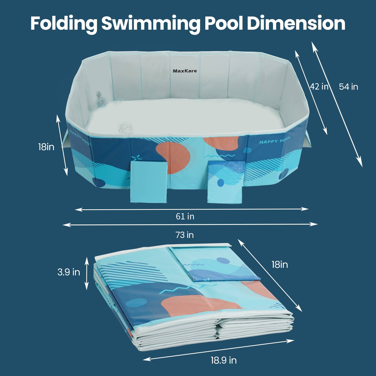 Foldable Swimming Pool, Inflatable-Free Kiddie Pet Pool with Triangle bracket & Stable PVC for Backyard, Outdoor, Indoor, Blue