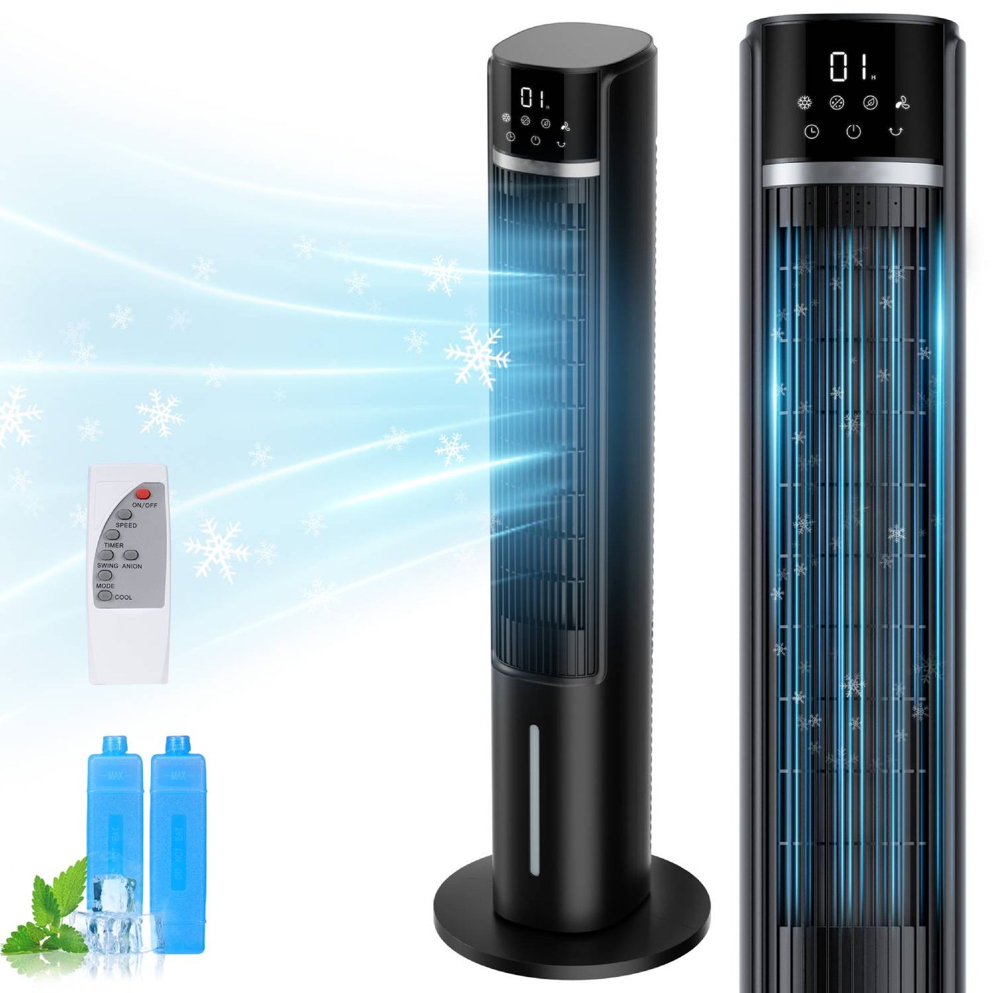 Entil Tower Fan with 40", Remote Controller, 3 Modes, 3 Speeds, 75° Oscillating Air Cooler, Black
