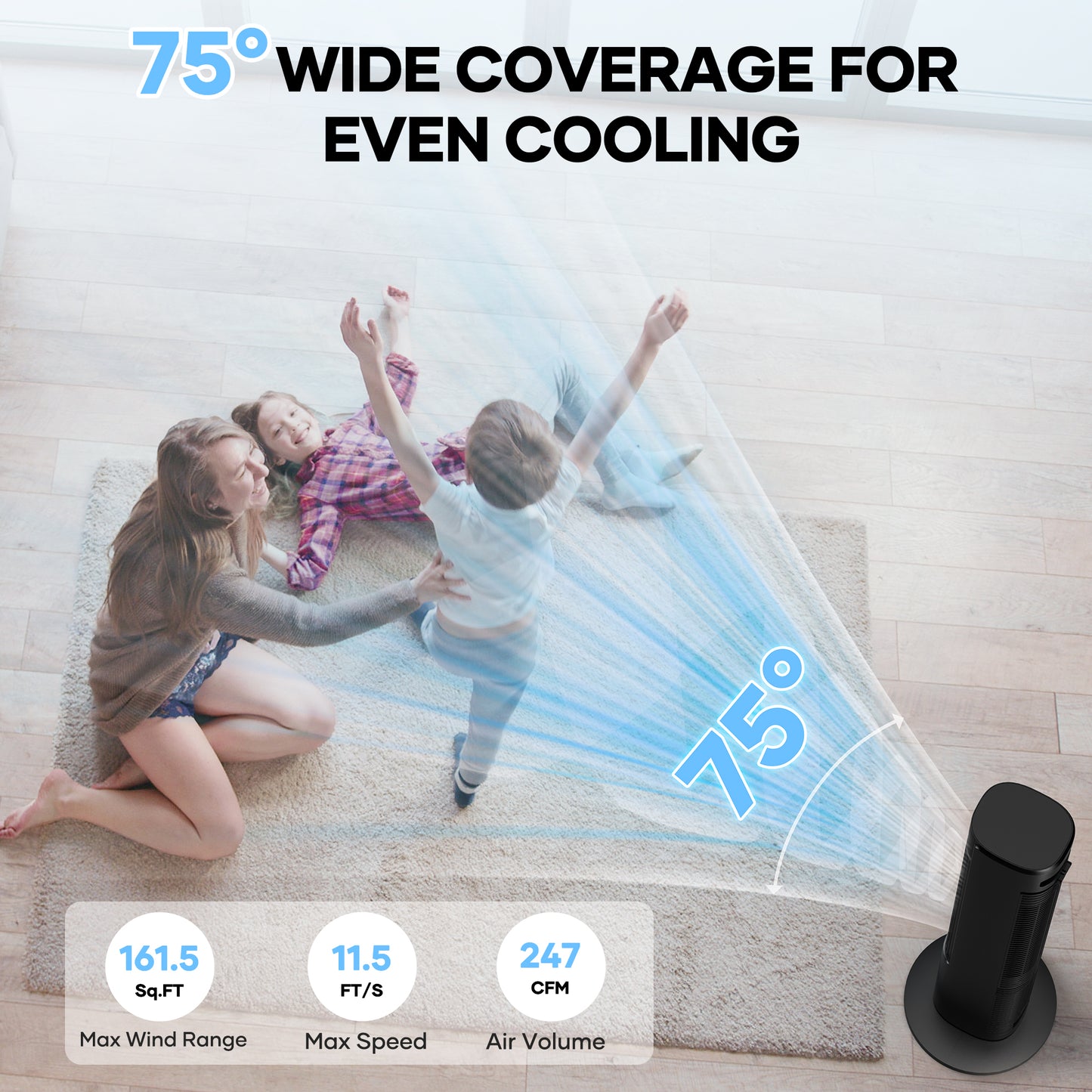 Entil Tower Fan with 40", Remote Controller, 3 Modes, 3 Speeds, 75° Oscillating Air Cooler, Black