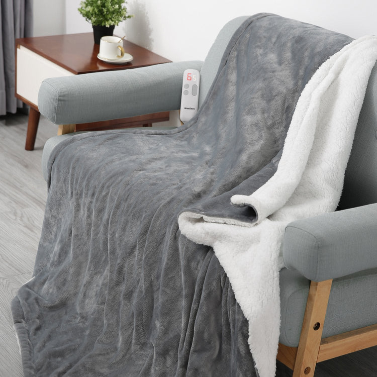 MaxKare Electric Blanket Heated Throw Flannel & Sherpa Fast Heating Blanket 50" x 60", ETL Certification with 6 Heating Levels & 5 Auto-Off Timing Settings, Home Use & Machine Washable, Grey & White - NAIPO