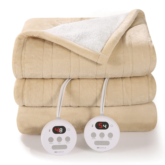 Entil Electric Heated Blanket Queen Size 84''x90'', Fast Heating with Dual Controllers, 10 Heating Levels, 10H Timer, Preheat Function - Beige