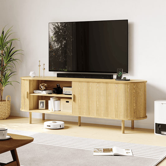 Entil TV Stand with Charging Station and LED Lights, TV Stand, Oak