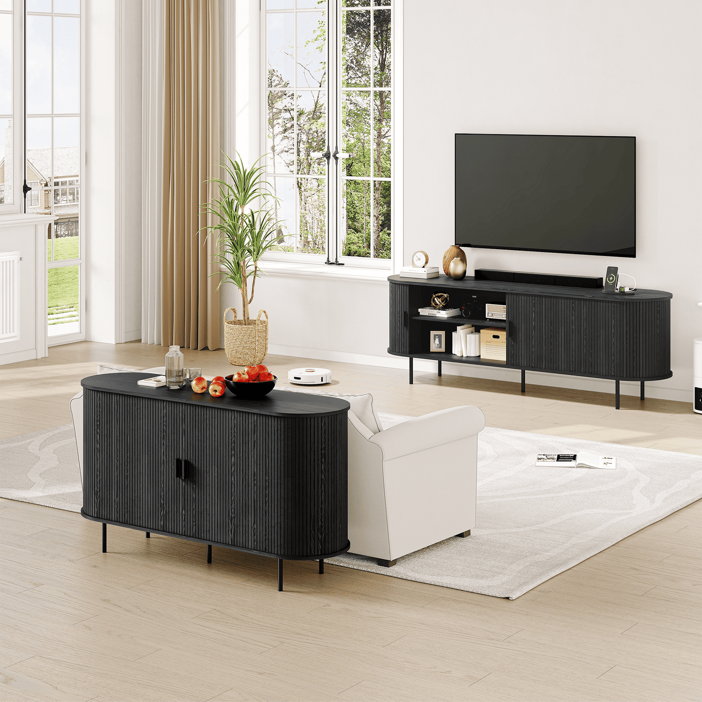 Entil TV Stand with Charging Station and LED Lights, TV Stand, Black