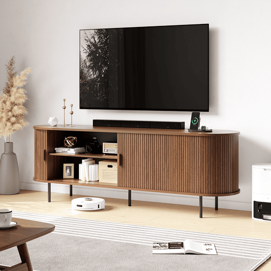 Entil TV Stand with Charging Station and LED Lights, Entertainment Center, Walnut
