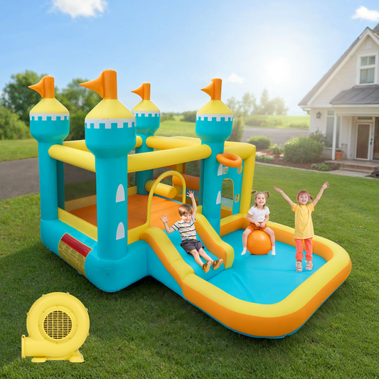 Entil Inflatable Bounce House with 5-in-1 Play Zones, Inflatable Castle with Slide & Pool, FCC & CPC Certified, Blue/Yellow