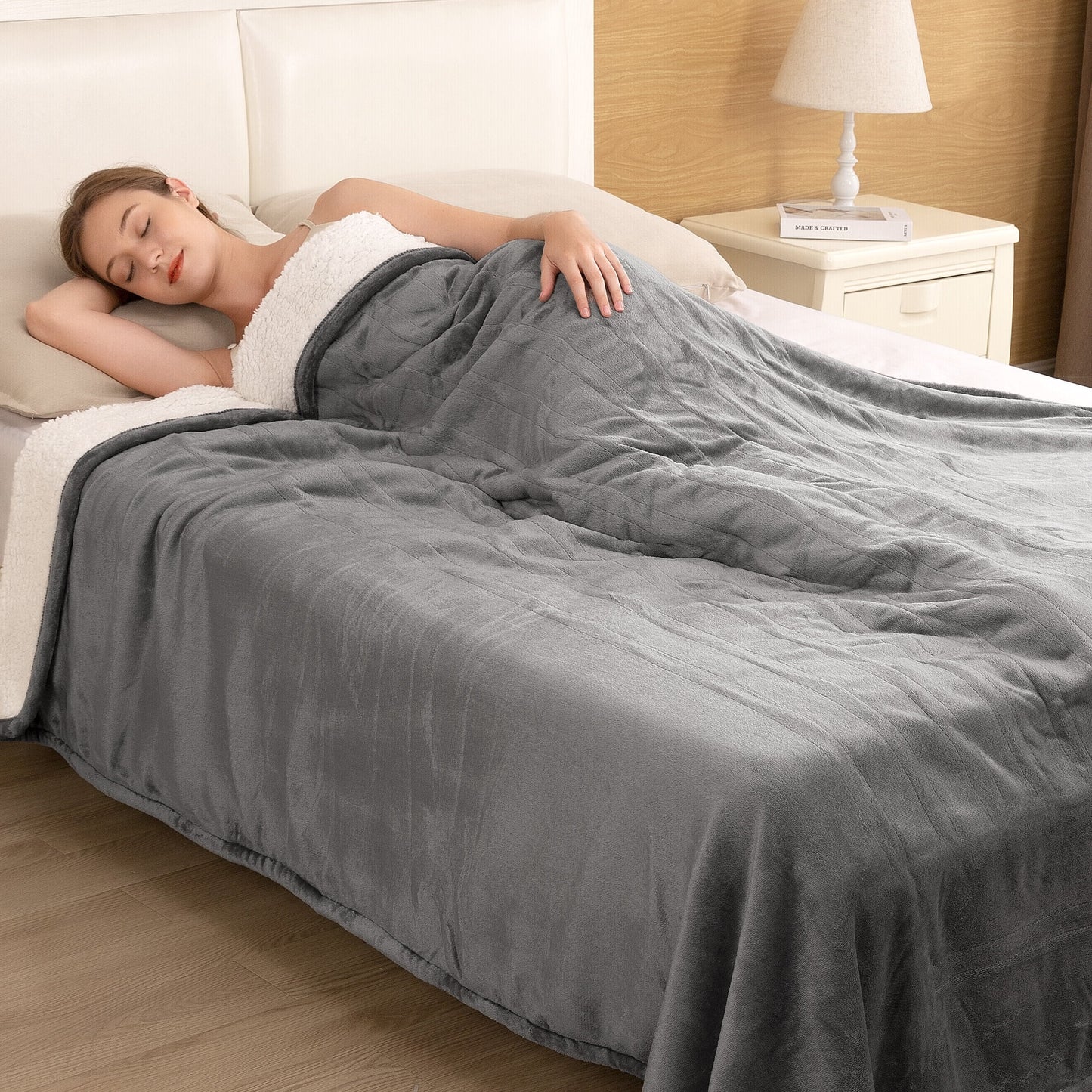 Entil Full Size Electric Heated Blanket with 6 Optional Heating Levels, 10 H Auto-off, Flannel & Shu Velveteen, 72'' x 84'', Gray