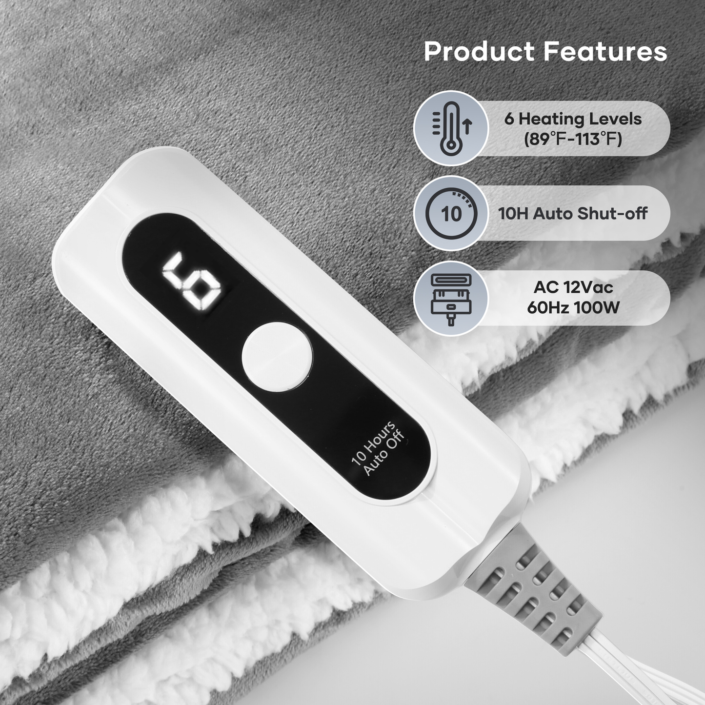 Entil Full Size Electric Heated Blanket with 6 Optional Heating Levels, 10 H Auto-off, Flannel & Shu Velveteen, 72'' x 84'', Gray