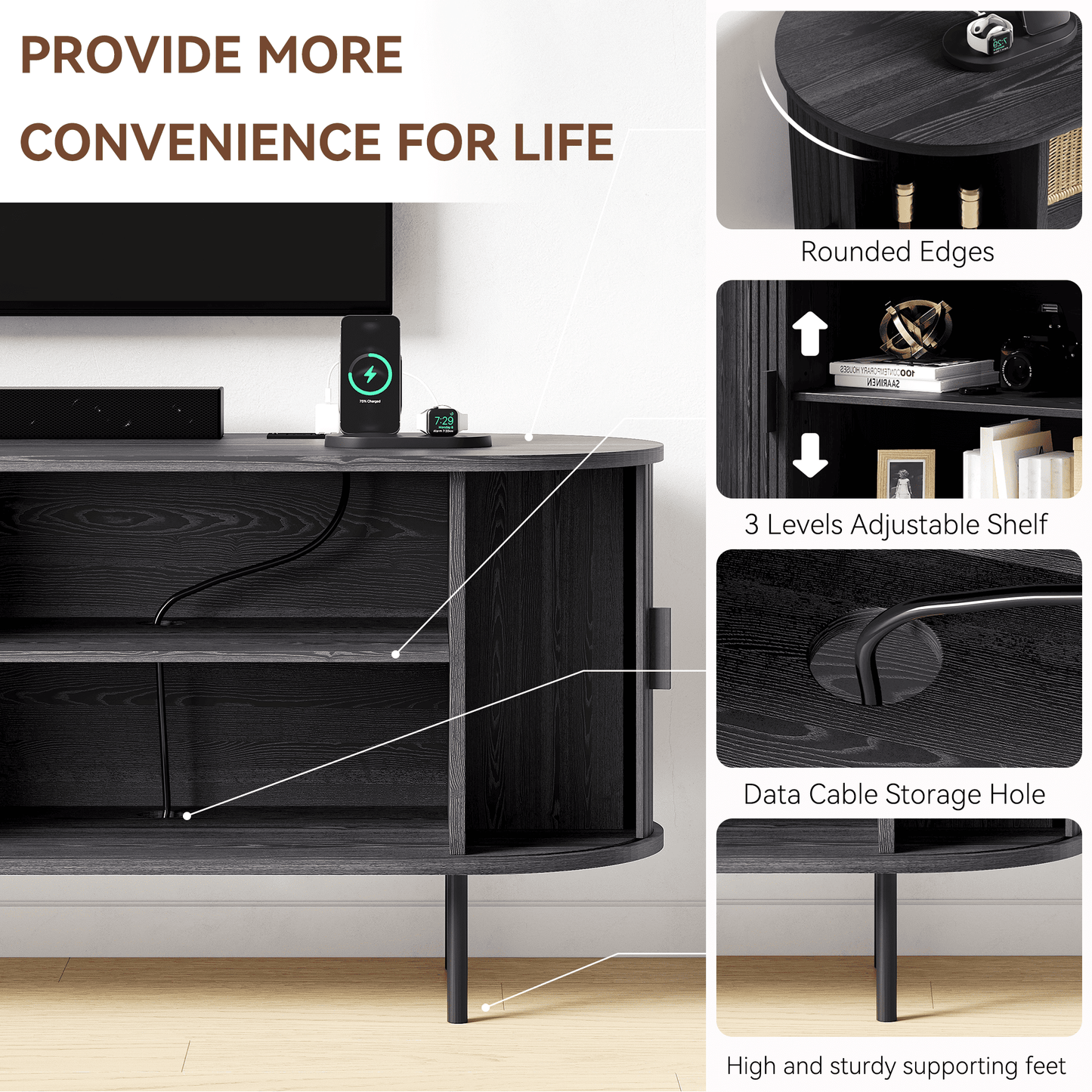 Entil TV Stand with Charging Station and LED Lights, TV Stand, Black