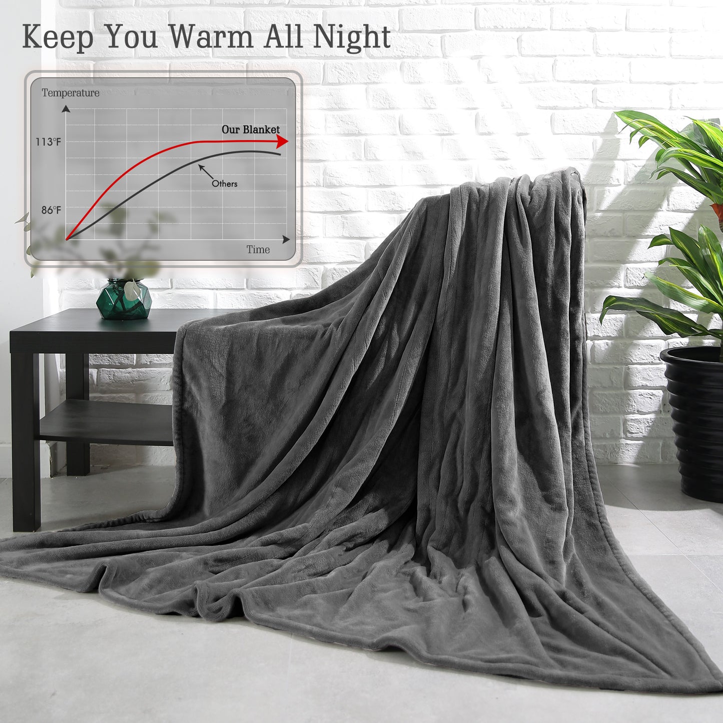 Entil 62" x 84" Electric Heated Blanket with 4 Heating Levels & 10H Auto-off, One Touch Operation, ETL & FCC Certification, Flannel, Gray