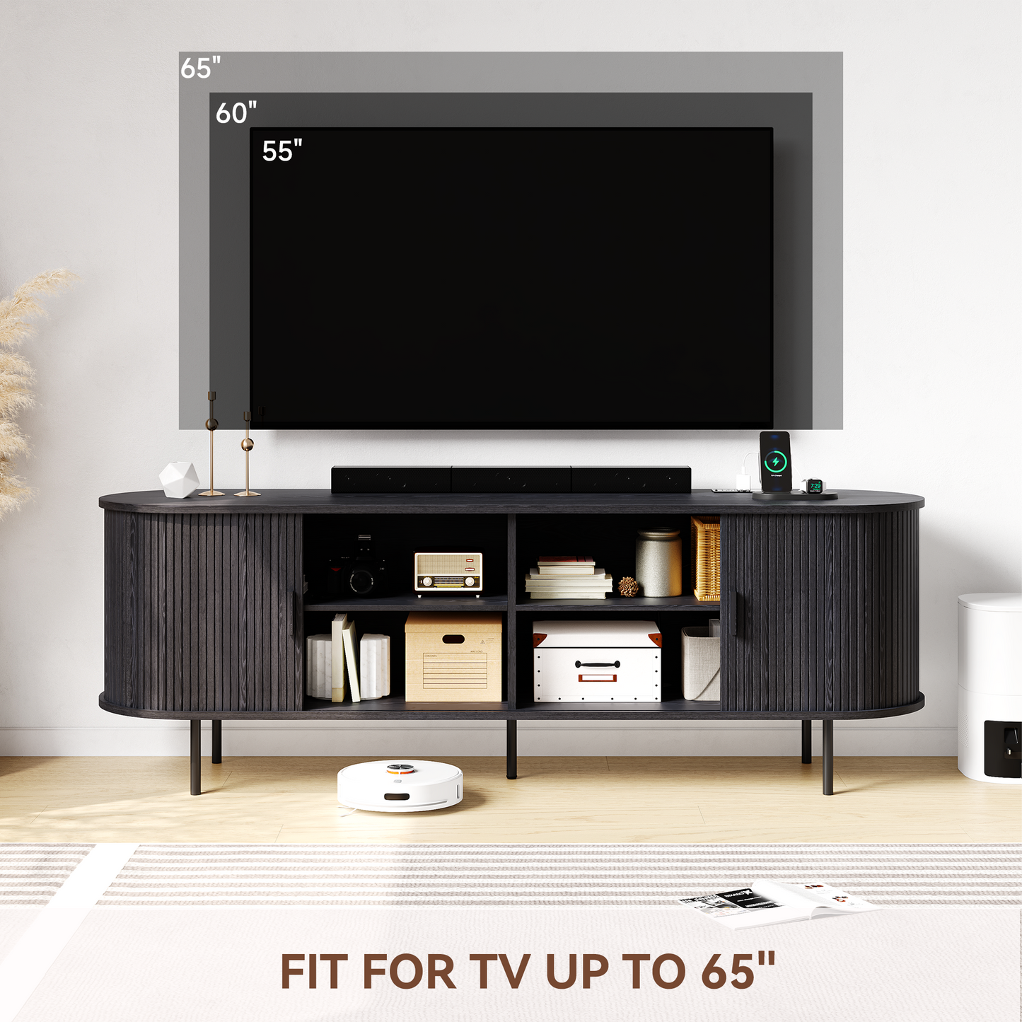 Entil TV Stand with Charging Station and LED Lights, TV Stand, Black