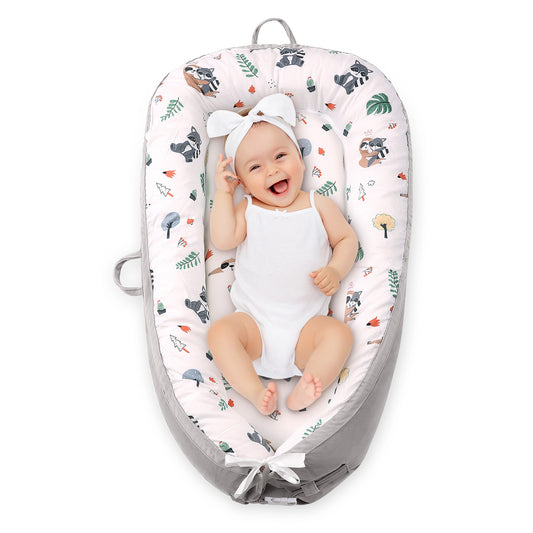 Baby Lounger Pillow with Cotton Mat, Portable Handle & Adjustable Buckle, Super Soft Cotton & Flannel Double-sided Material