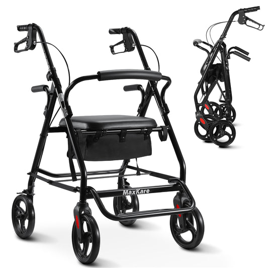 Rollator Walker with Seat, Foldable 4 Wheel Rolling Medical Walker