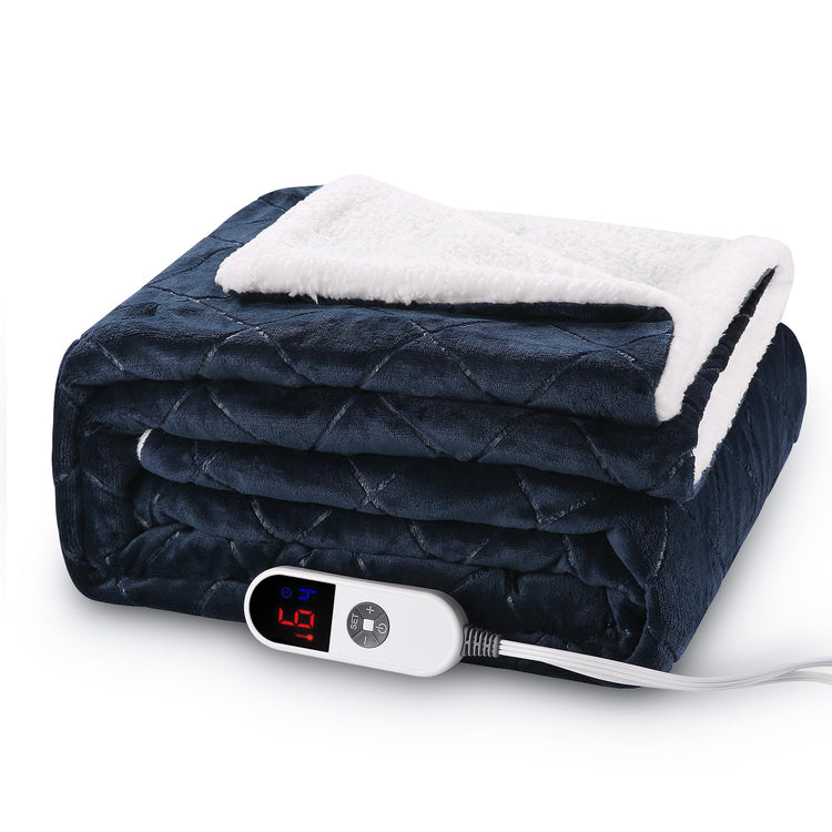 Electric Heated Throw Blanket with 6 Heating Levels, 4 Timers, Dark Blue Flannel & Sherpa 50"x 60"