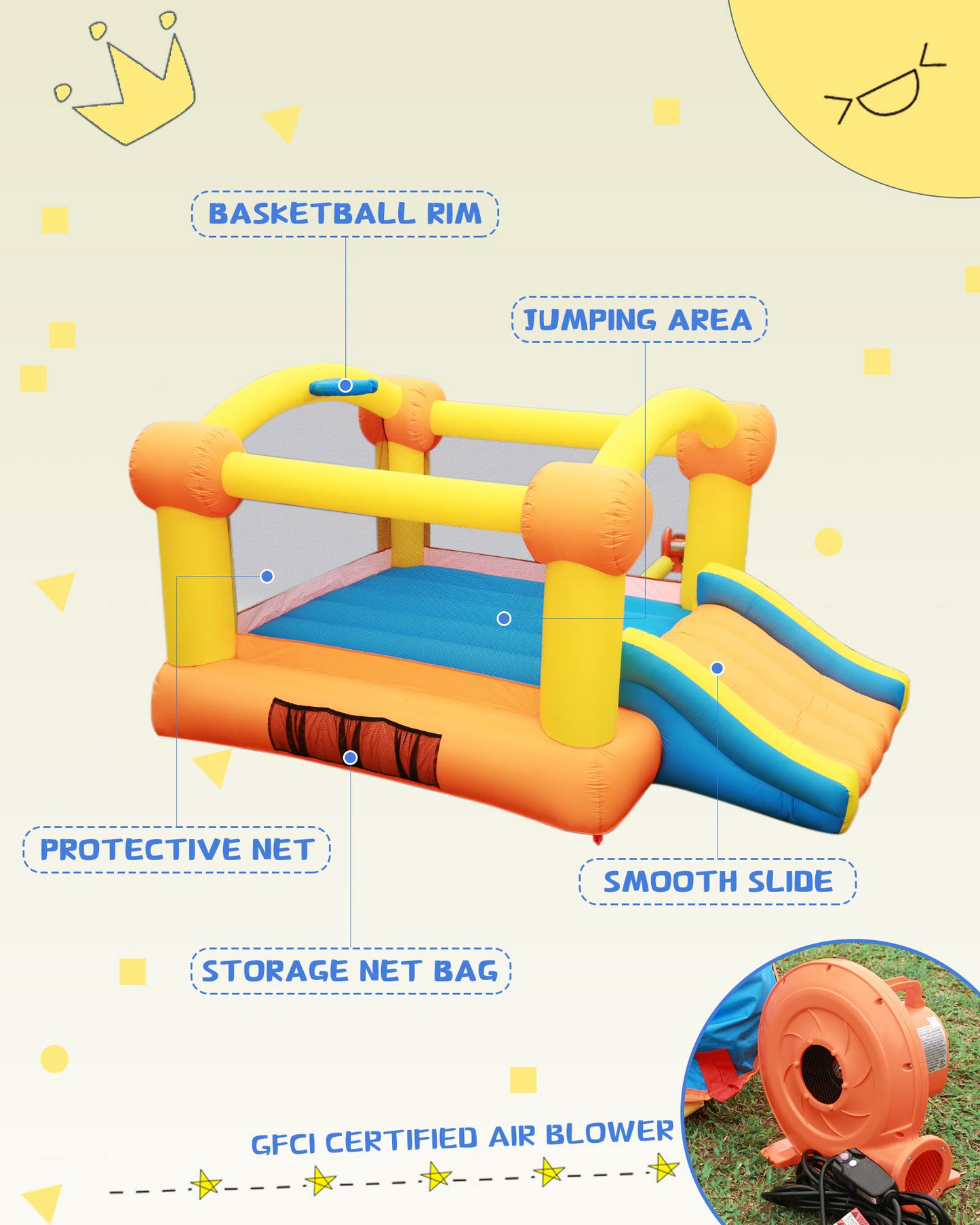 Inflatable Bounce House Bouncy House Bouncing House 12x9x5.7 FT Large Bouncing Area W Slide,Blower,Basketball Hoop, Repair Patches, Storage Bag for Ages 3-8 Years Kids Outdoor