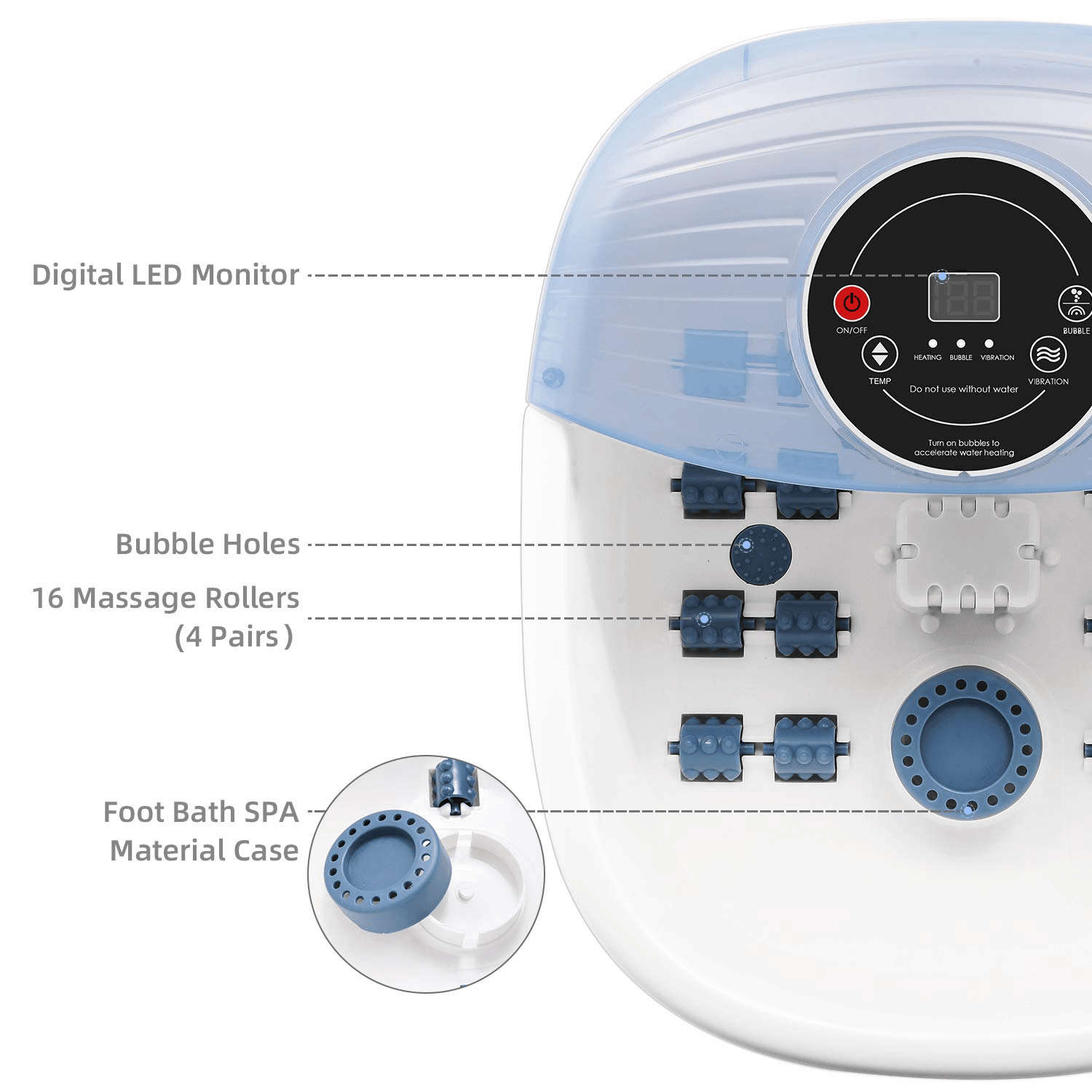 Foot Spa Bath Massager with Heat Bubbles Vibration 3 in 1 Function, 16 Masssage Rollers Soaker Digital Temperature Control Pedicure Tub Bath for Feet Home Use - NAIPO