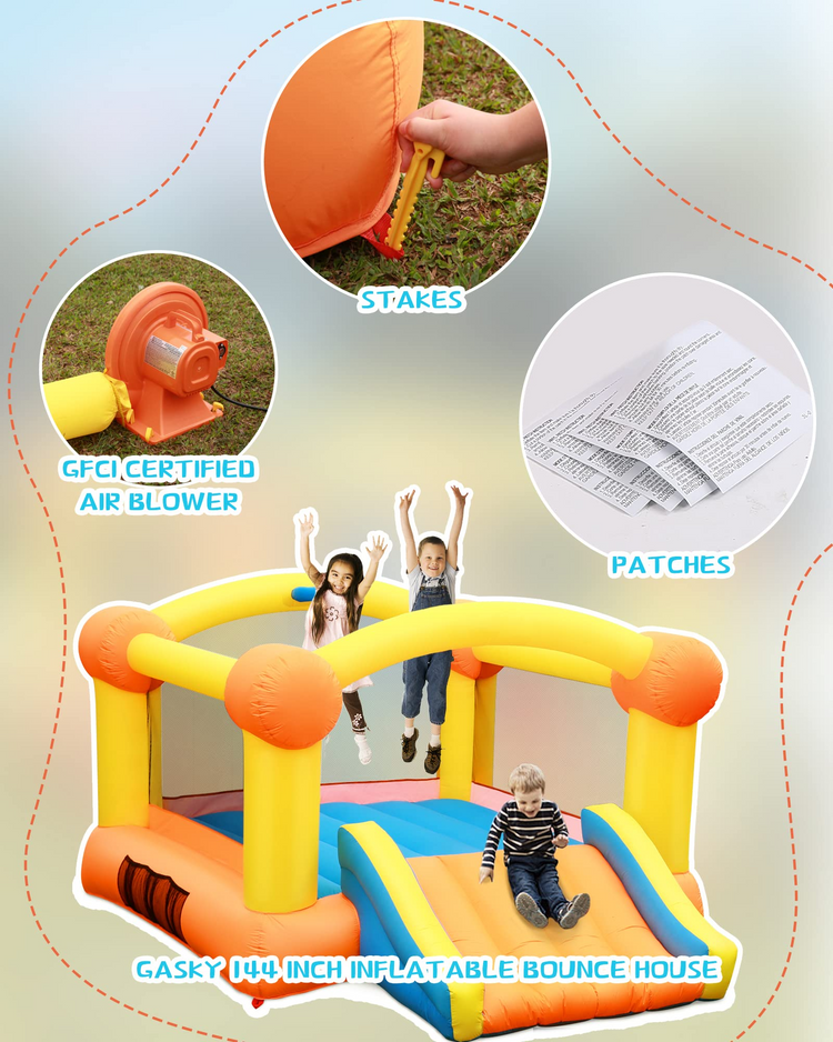 Gasky Bounce House Bouncy House Inflatable Bounce House Bouncing House 10x7x5.6FT Large Bouncing Area W Slide,Blower,Basketball Hoop, Repair Patches, Storage Bag for Ages 3-8 Years Kids Outdoor