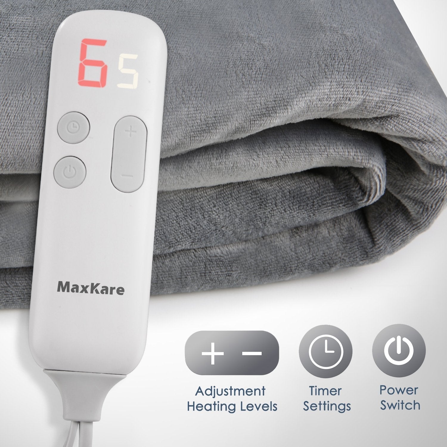MaxKare Electric Blanket Heated Throw Flannel & Sherpa Fast Heating Blanket 50" x 60", ETL Certification with 6 Heating Levels & 5 Auto-Off Timing Settings, Home Use & Machine Washable, Grey & White - NAIPO