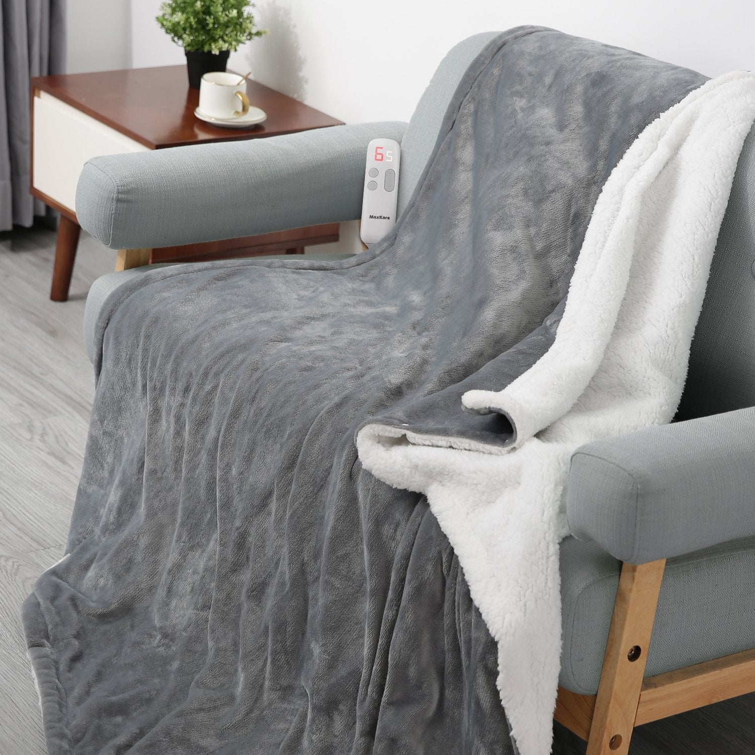 MaxKare Electric Blanket Heated Throw Flannel & Sherpa Fast Heating Blanket 50" x 60", ETL Certification with 6 Heating Levels & 5 Auto-Off Timing Settings, Home Use & Machine Washable, Grey & White - NAIPO